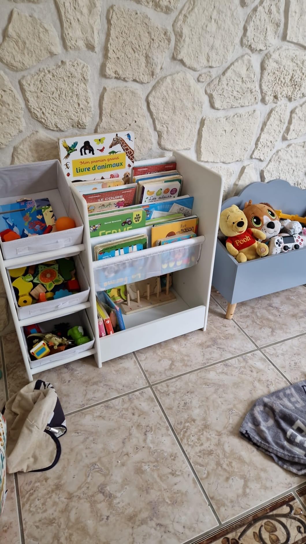 Avis Bibliothèque Montessori Lestarain : rangement livres et jouets avec boîtes amovibles