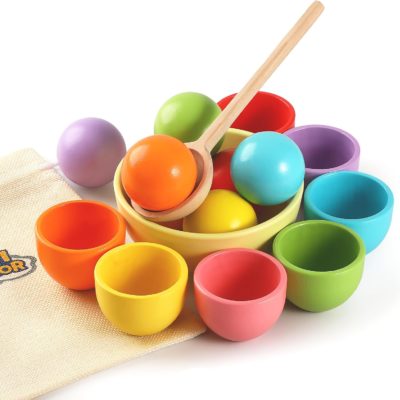 Balle en bois arc-en-ciel Montessori : jouet sensoriel assorti aux couleurs de la tasse