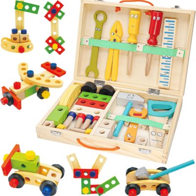 Caisse à outils Montessori en bois pour enfant Withosent : jeux de construction DIY 34 pièces