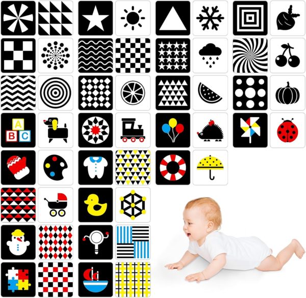 Cartes d'éveil visuel Montessori pour bébé : 50 pages en noir et blanc et couleurs vives