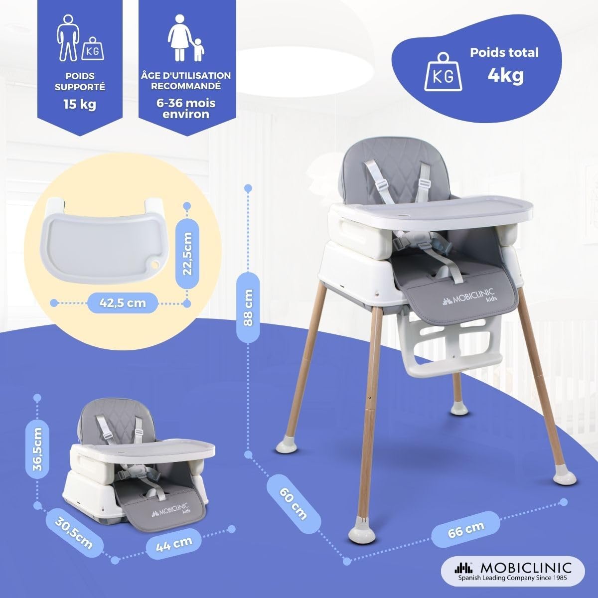 Mobiclinic Kiara Chaise Haute Bébé 3 En 1 Évolutive – Rehausseur, Chaise De Jeux, Chaise Haute Pliable 6-36 Mois Jusqu’à 15 Kg