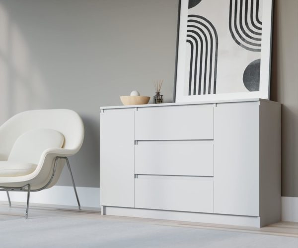 Commode Montessori blanche 3E 3xE avec deux portes et trois tiroirs