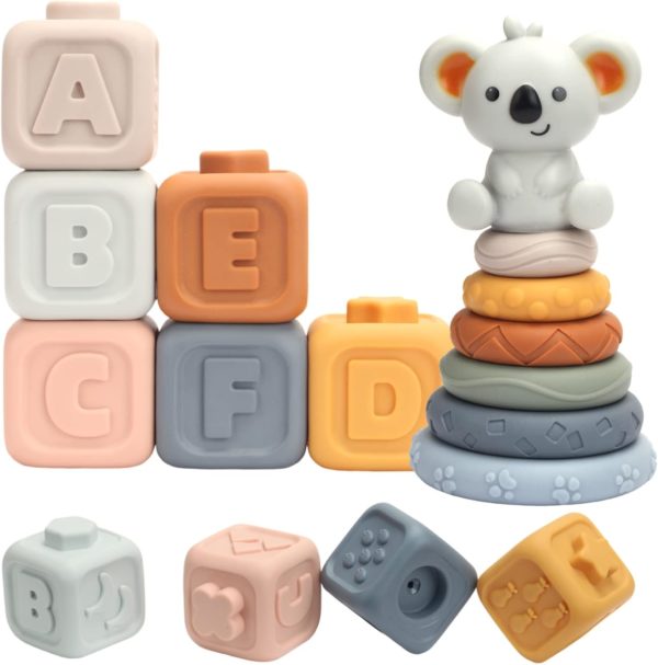 Jouet Montessori Wodovia : blocs et cercles à empiler avec anneaux de dentition - 13 pièces