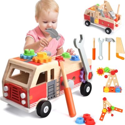 Kit de bricolage Montessori : camion de pompier en bois pour enfants de 2 à 4 ans