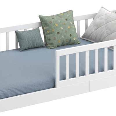 Lit Montessori CADANI Timi 90x200 cm en Pin Massif Blanc avec Barrière de Sécurité