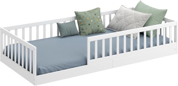 Lit Montessori CADANI Timi 90x200 cm en Pin Massif Blanc avec Barrière de Sécurité