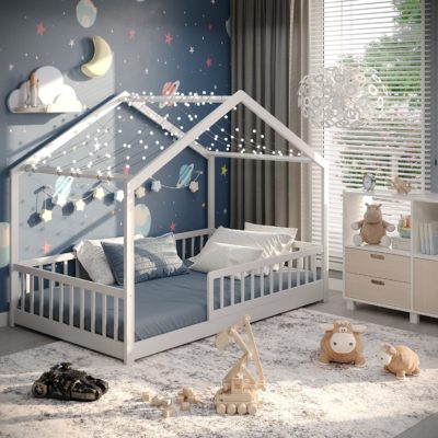 Lit Montessori Cadani transformable en bois massif 120x200 cm avec barrière de sécurité