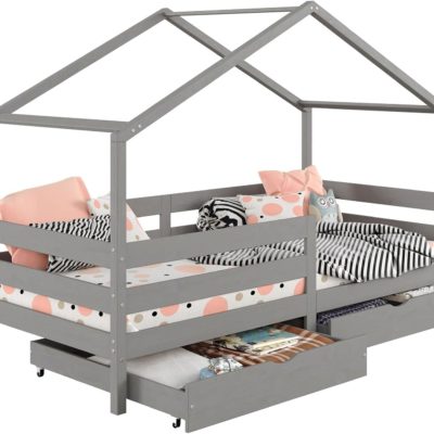 Lit Montessori Ena avec rangement 90x190 cm en pin gris