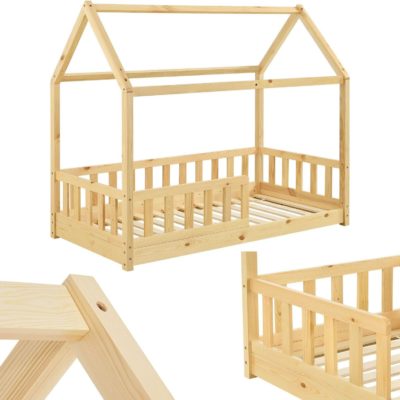 Lit Montessori Marli en bois massif avec protection antichute et toit