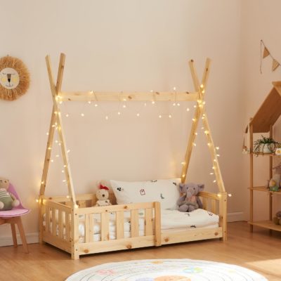 Lit Montessori Tipi en bois naturel avec sommier et grille de sécurité 140x70cm