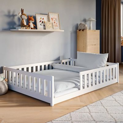 Lit Montessori en pin blanc massif 140x200 cm avec protection anti-chute