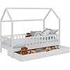 Lit cabane Montessori NEREE blanc avec rangements et tiroir gigogne 80x160 cm