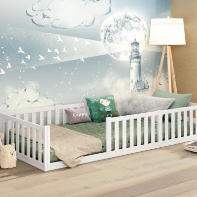 Lit enfant Montessori Cadani Teso 90x200 cm en bois massif avec barrière de sécurité