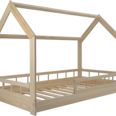 Lit maison cabane Montessori en bois de pin brut 160x80 cm