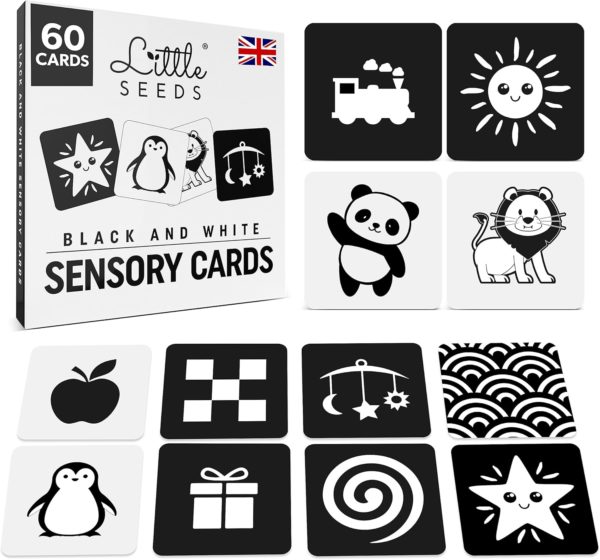Lot de 60 cartes sensorielles Montessori pour nouveau-nés - Contraste élevé noir et blanc