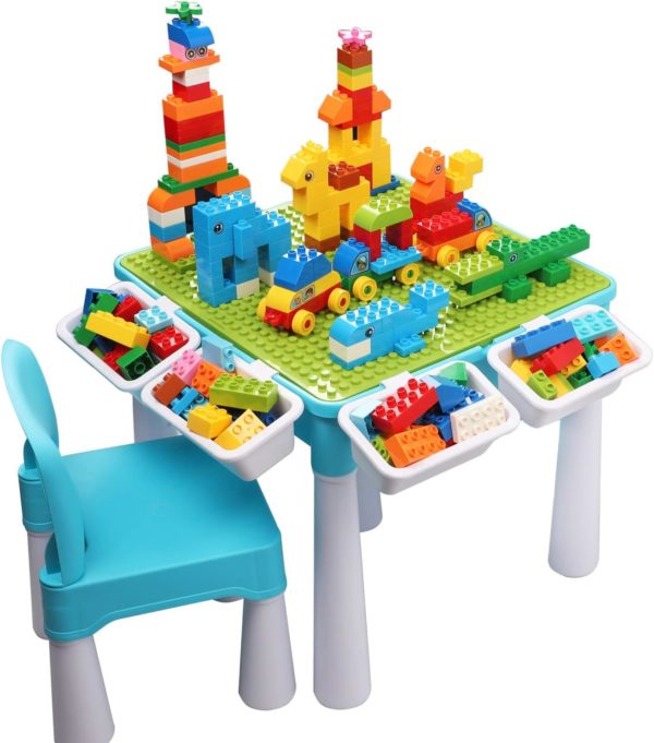 Table et chaise Montessori 5-en-1 avec blocs de construction et rangement intégré
