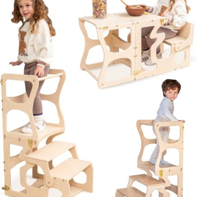 Tabouret de cuisine Montessori pour enfants : tour d'observation avec dossier et découpes variées