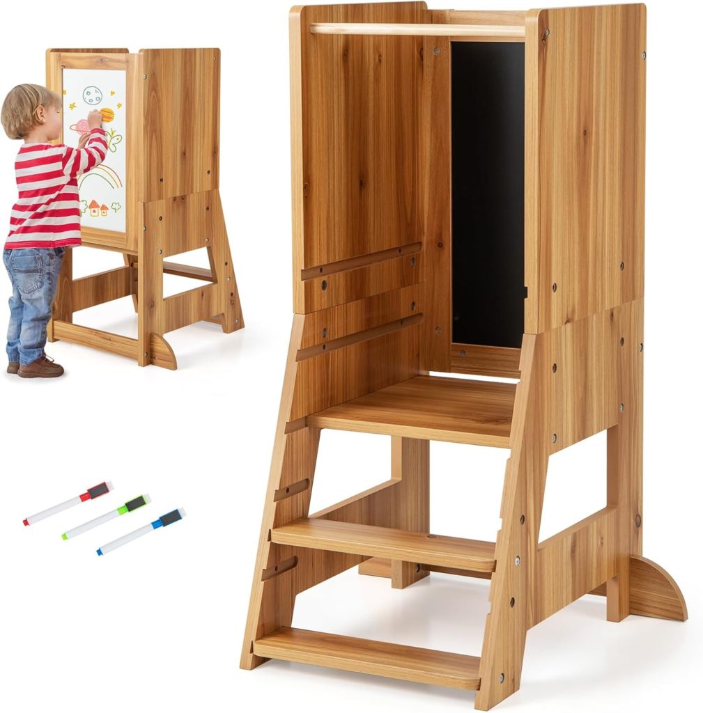 Tour Montessori Sécurisée Tour D'apprentissage Montessori LIFEZEAL - 3 Hauteurs Réglables - Tableau Double Face - Bois Naturel Tour Observation Enfant Bois