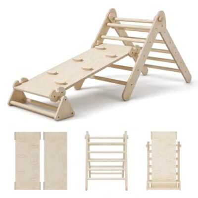 Triangle d’escalade COSYLAND en bois, pliable avec toboggan 3-en-1