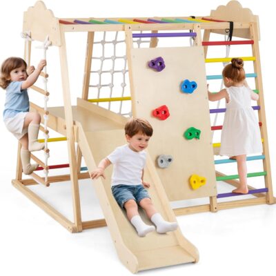 Aire de jeux Montessori en bois avec toboggan et balançoire