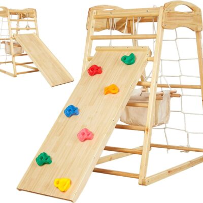 Aire de jeux montessori en bois 7 en 1 avec balançoire et toboggan