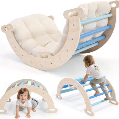 Arche d'escalade Montessori en bois naturel avec coussin et tapis antidérapant