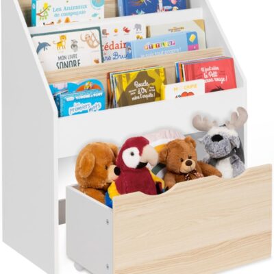 Bibliothèque enfant Montessori avec étagères et bac sur roulettes