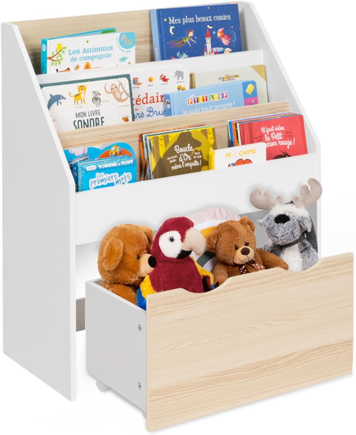 Bibliothèque enfant Montessori avec étagères et bac sur roulettes