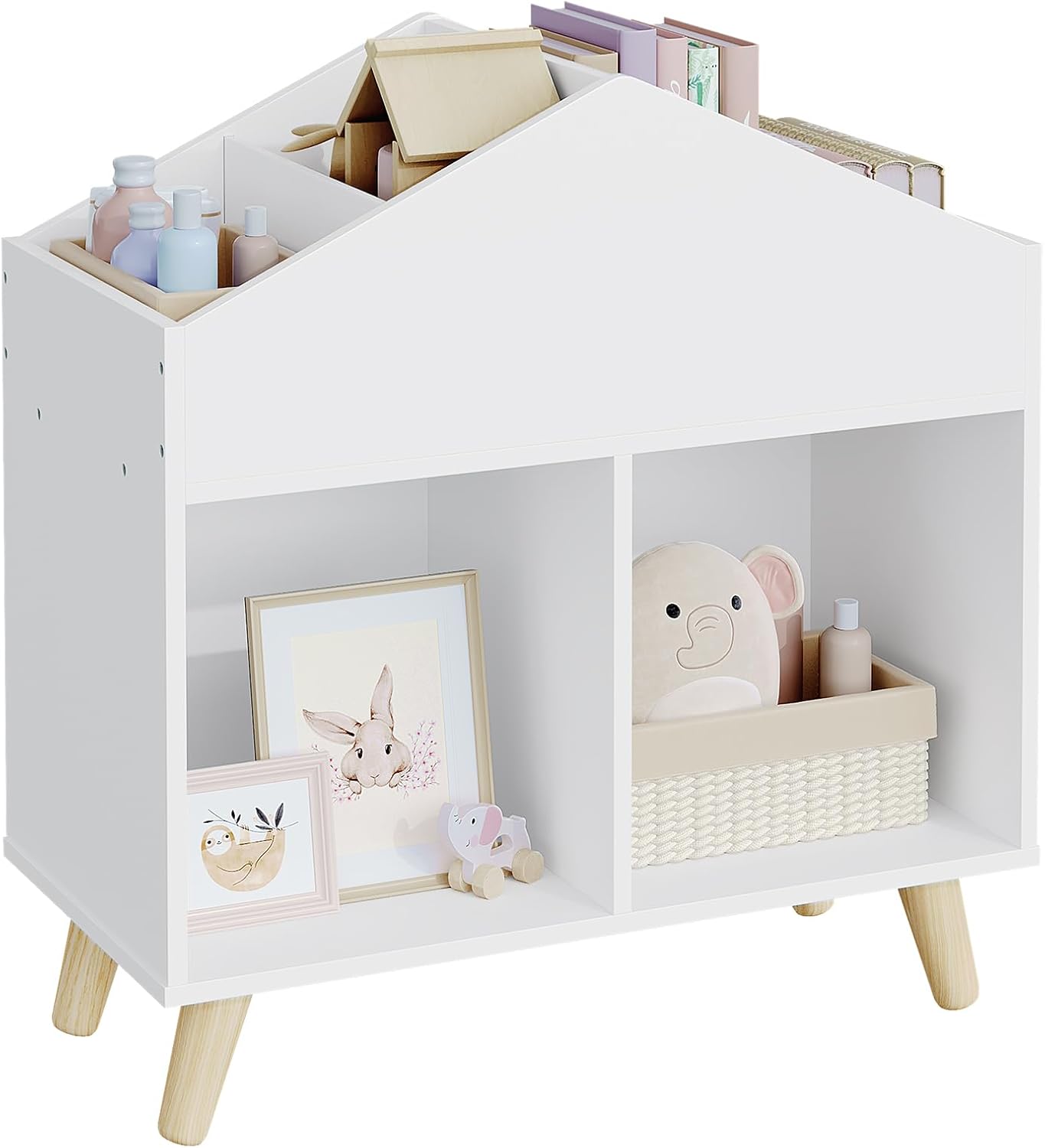 Bibliothèque montessori pour enfants avec étagères et pieds en bois