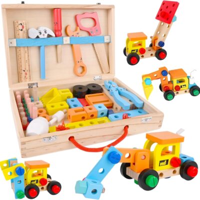 Boîte à outils Montessori en bois pour enfants.