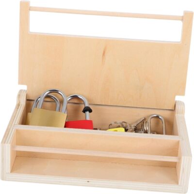 Boîte à serrures Montessori en bois pour développement cognitif et motricité fine