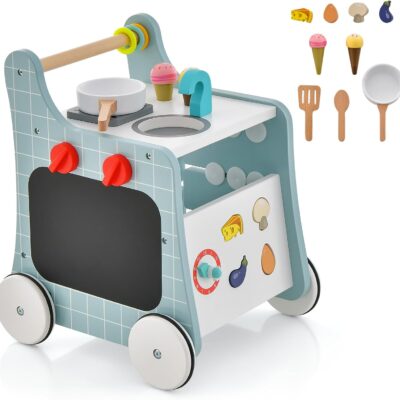 Chariot de marche en bois 6 en 1 pour bébé avec accessoires et rangement