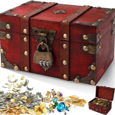 Coffre à trésor en bois vintage avec cadenas pour enfants