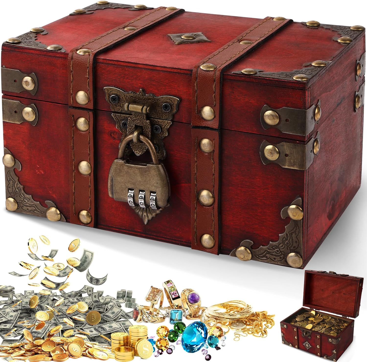 Coffre à trésor en bois vintage avec cadenas pour enfants