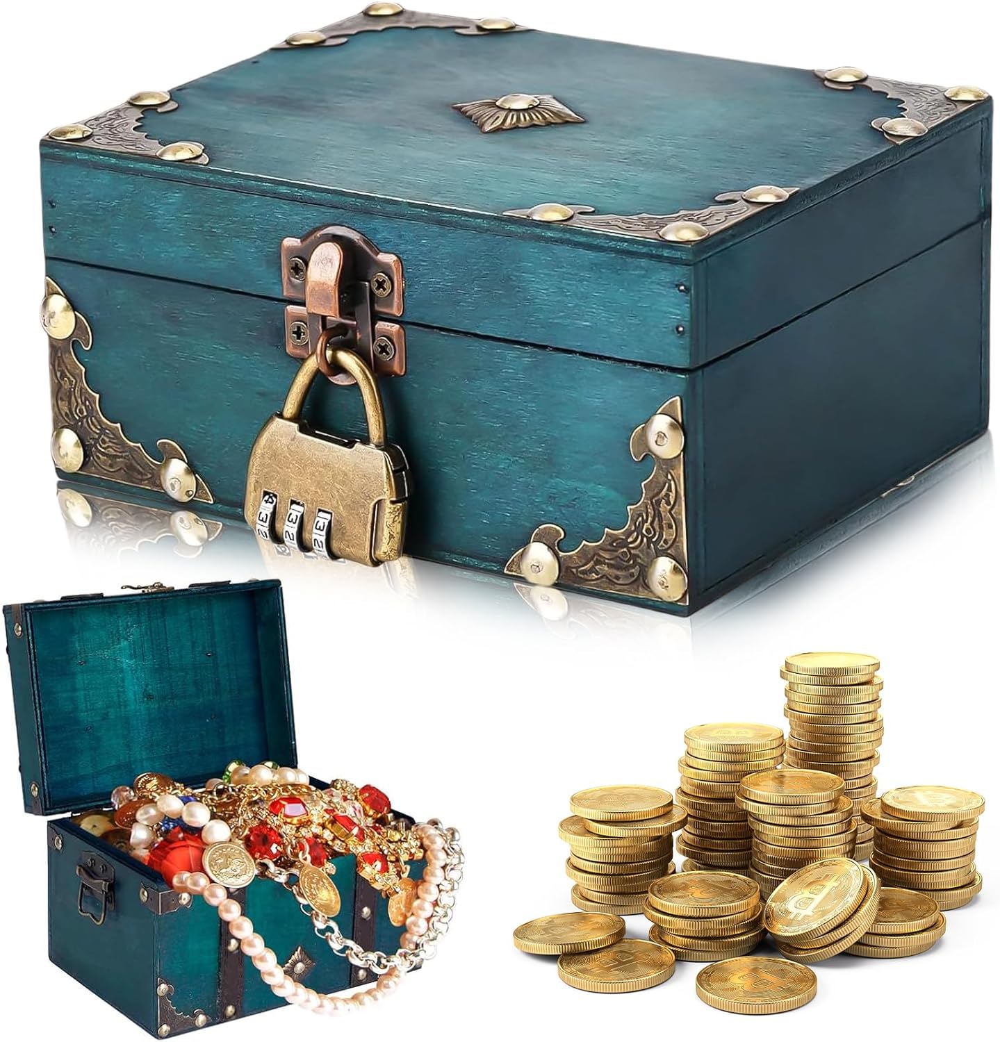 Coffre en bois vintage avec serrure pour décoration et jeux éducatifs