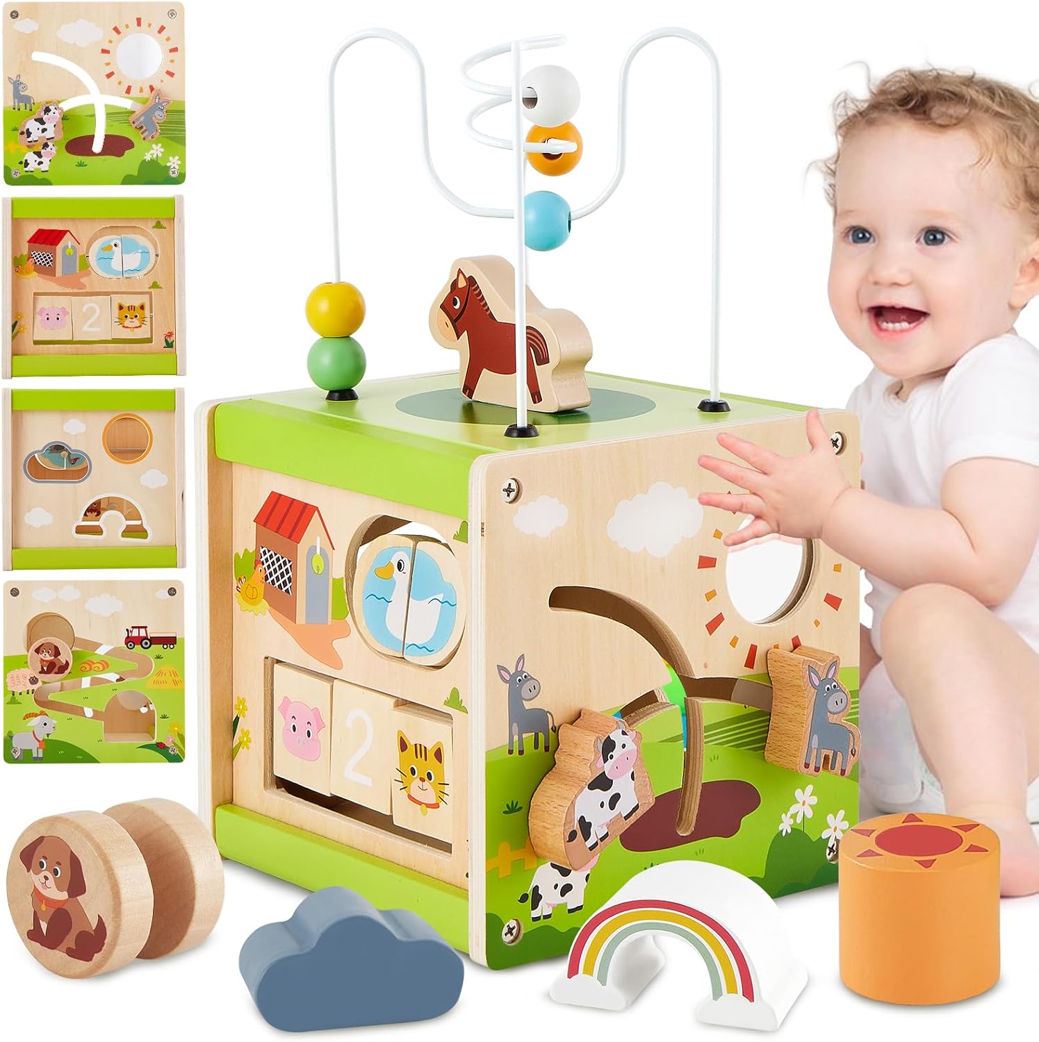 Cube d'activité montessori en bois 6 en 1 pour bébé