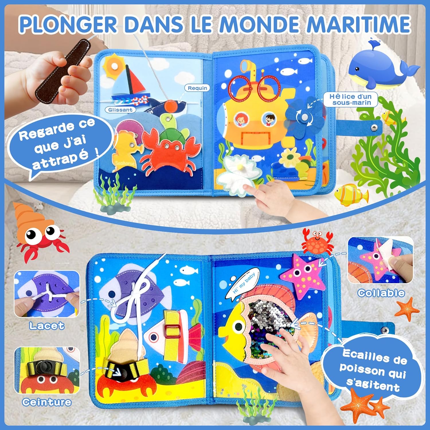 Busy Board Montessori 6 Couches Thème Océan - Jouet Bébé 1-3 Ans, Activités D'éveil