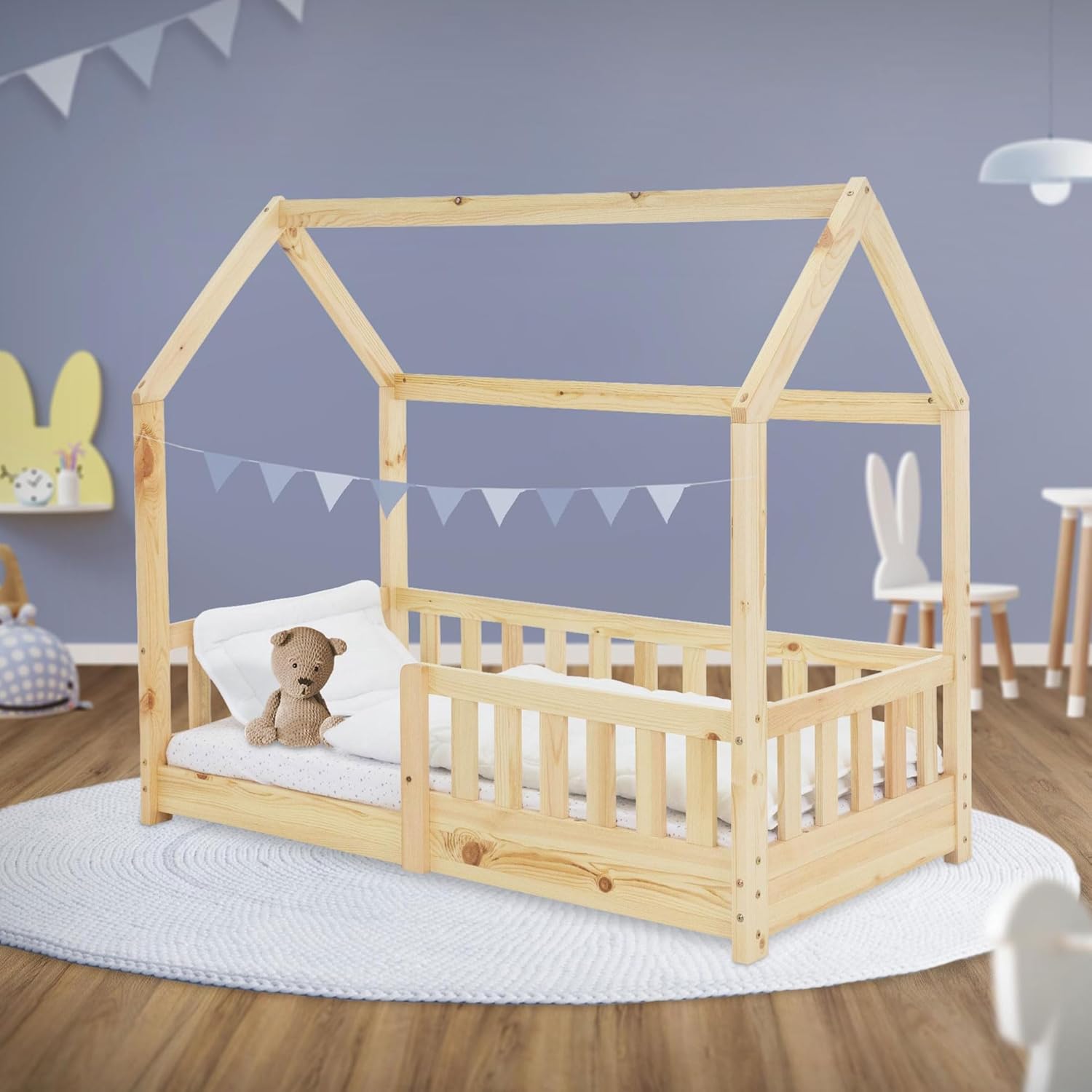 Lit cabane montessori en bois massif 70x140 cm avec barrière de sécurité