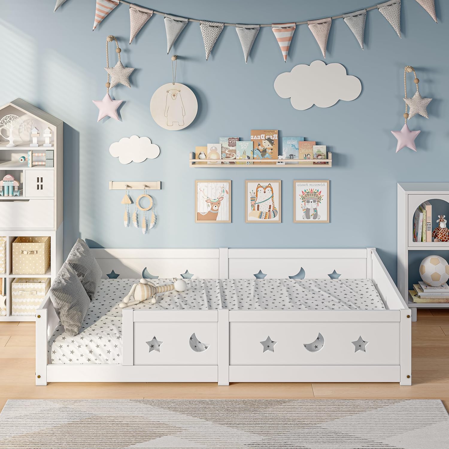 Lit montessori enfant 140x200 cm en bois avec barrière de sécurité