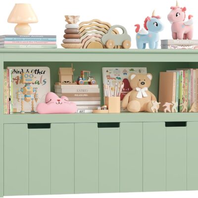 Meuble de rangement pour jouets et livres enfants vert avec tiroirs roulants