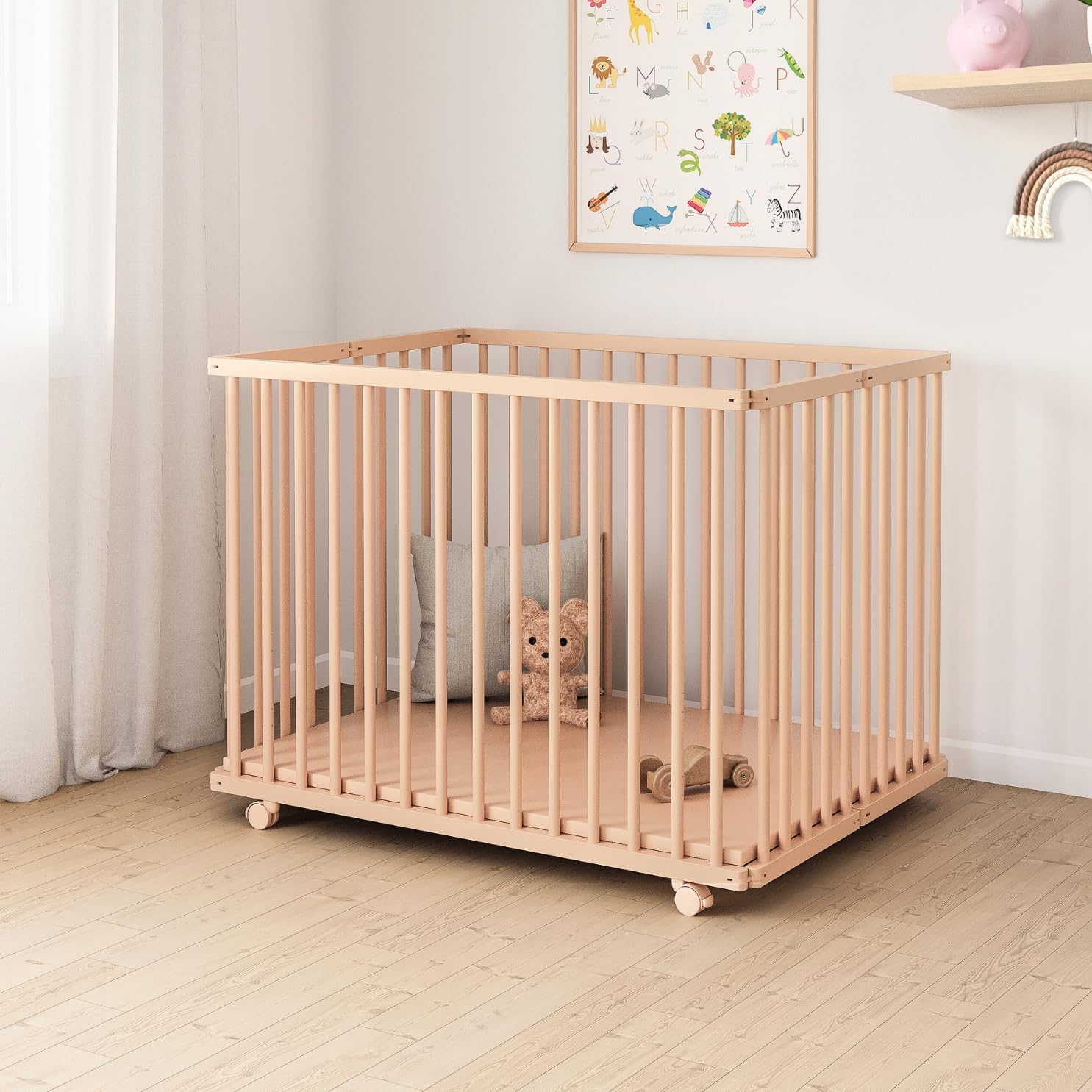 Parc bébé pliable en bois réglable avec roulettes