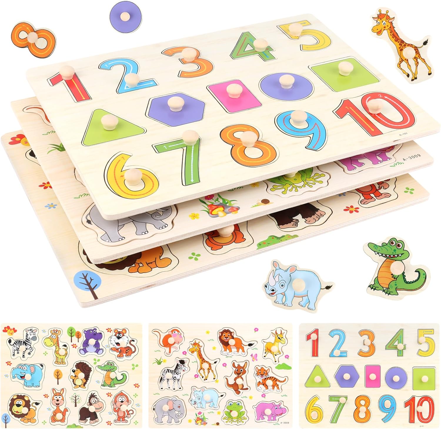 Puzzles en bois éducatifs montessori animaux.