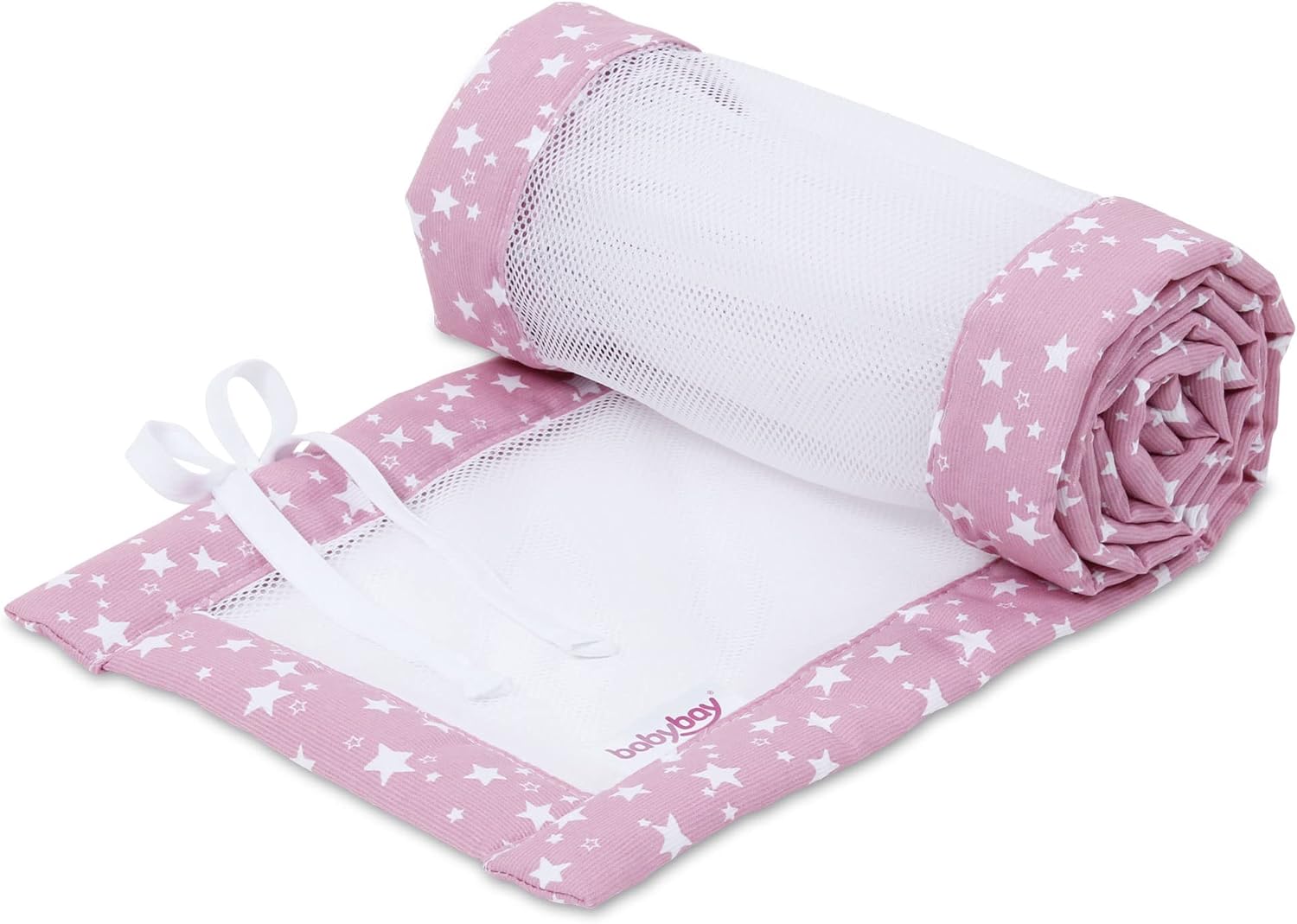 Tour de lit montessori en maille piquée framboise et étoiles blanches