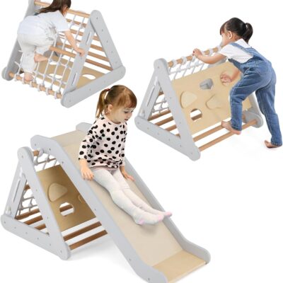 Triangle d'escalade Montessori 4 en 1 en bois avec toboggan ajustable