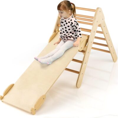 Triangle d'escalade montessori en bois avec toboggan réversible pour tout-petits
