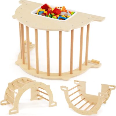 arche d'escalade montessori 8 en 1 avec cheval à bascule et rangement
