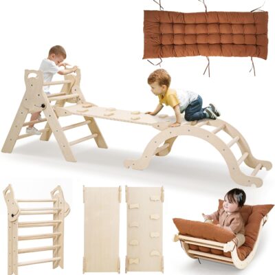 arche d'escalade montessori en bois avec toboggan et coussin