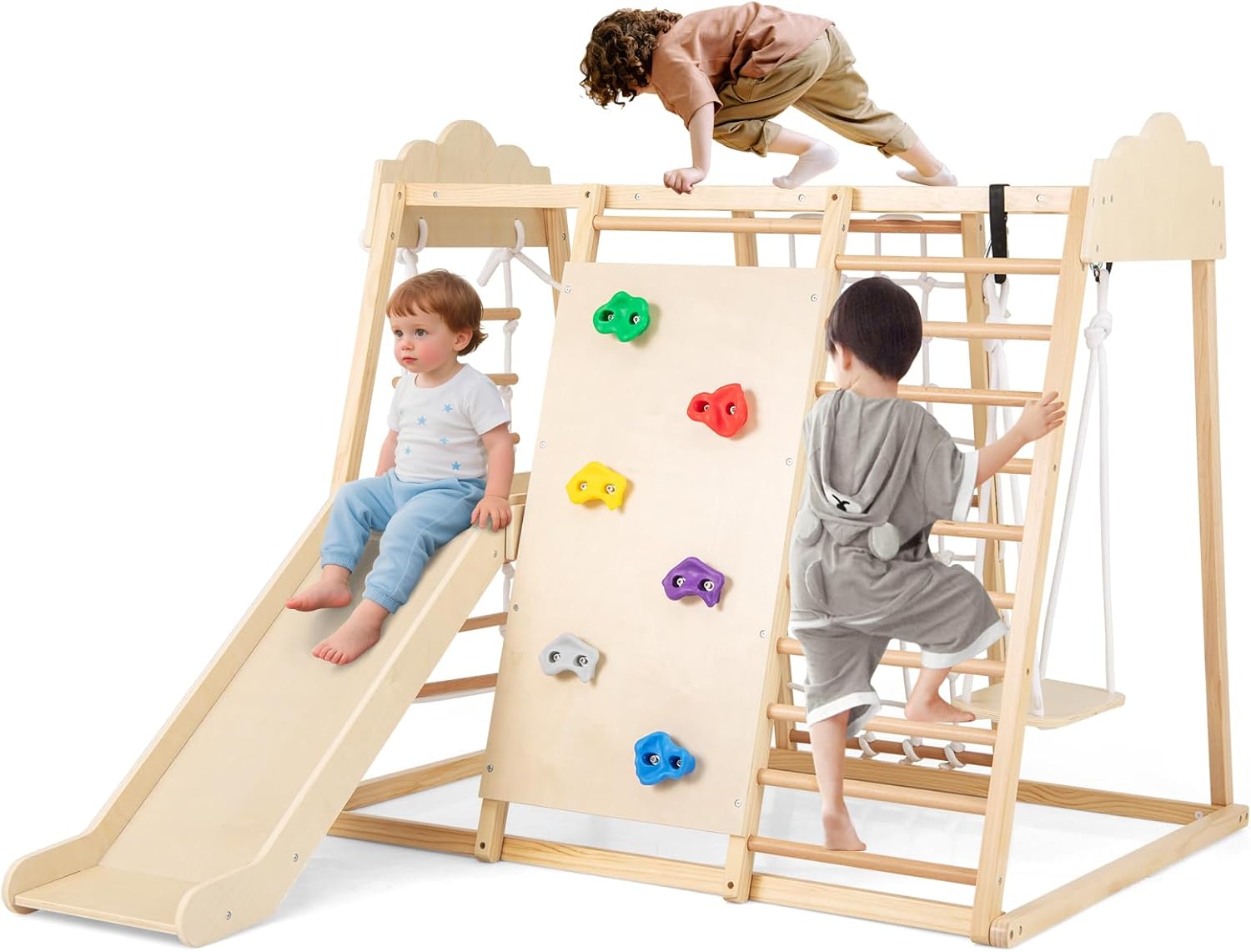 structure de jeu montessori 8 en 1 avec toboggan et balançoire