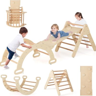 triangle d'escalade montessori en bois avec toboggan et échelle