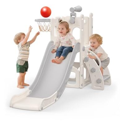 Aire de jeu interieur enfant toboggan 5 en 1 gris